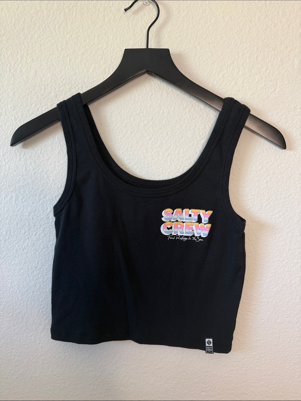 Salty Crew Black Crop Tank with Multicolor Logo
